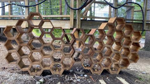 wood sculpture shaped like a honeycomb