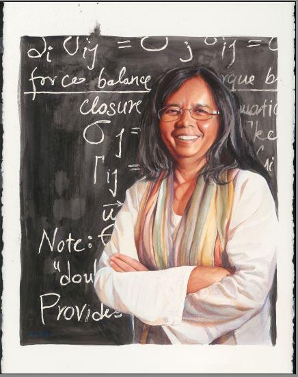 an oil painting of a woman in a lab coat standing in front of a classroom blackboard covered with writing and mathematical formulas